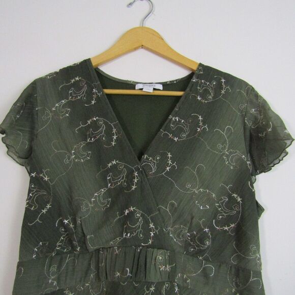 Dressbarn Woman Babydoll Top 2X Green Sheer Floral Embroidered Fairy Y2K Boho - Picture 2 of 13